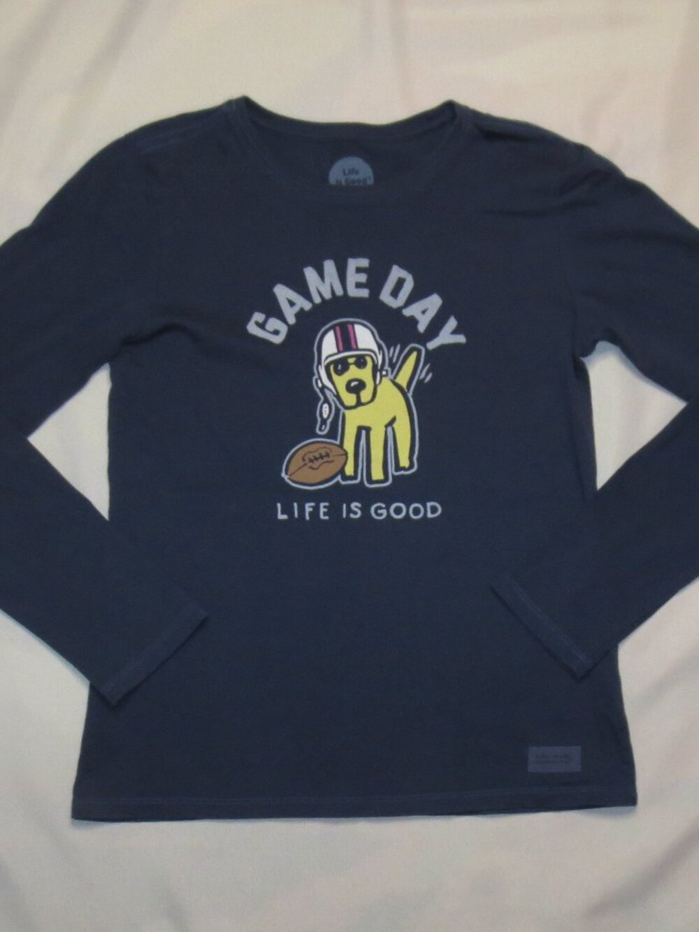 LIFE IS GOOD womens T-SHIRT blue LONG SLEEVE crew neck GAME DAY dog TEE SIZE XS